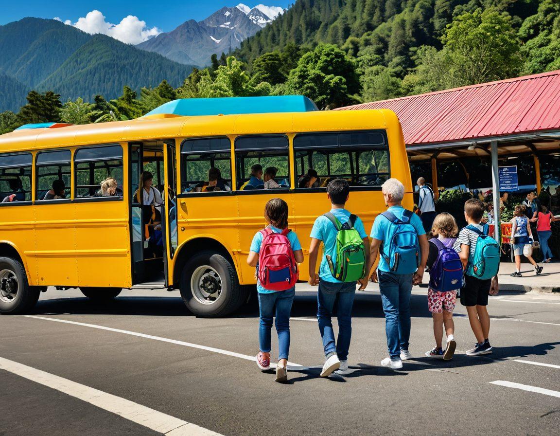 A cheerful family boarding a vibrant, colorful bus at a sunny bus station, surrounded by backpacks, snacks, and playful children. In the background, a scenic route with mountains and greenery showcases the adventure ahead. The atmosphere radiates happiness and excitement for family travel. super-realistic. vibrant colors. cheerful setting.