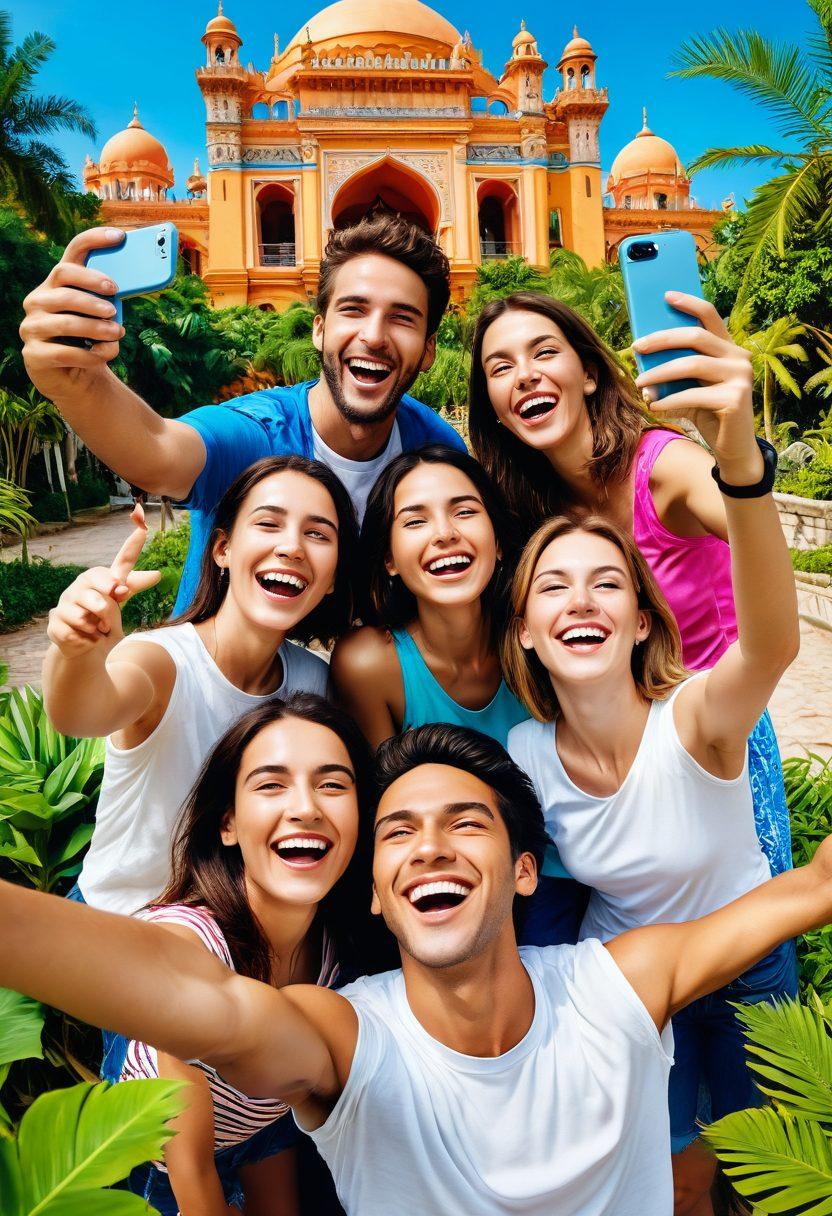 A colorful and lively scene depicting a diverse group of friends joyfully exploring an exotic destination together. They are laughing, taking selfies, and enjoying local food under a clear blue sky, surrounded by vibrant landscapes and cultural landmarks. The atmosphere is filled with a sense of adventure, happiness, and camaraderie. super-realistic. vibrant colors. outdoor setting.