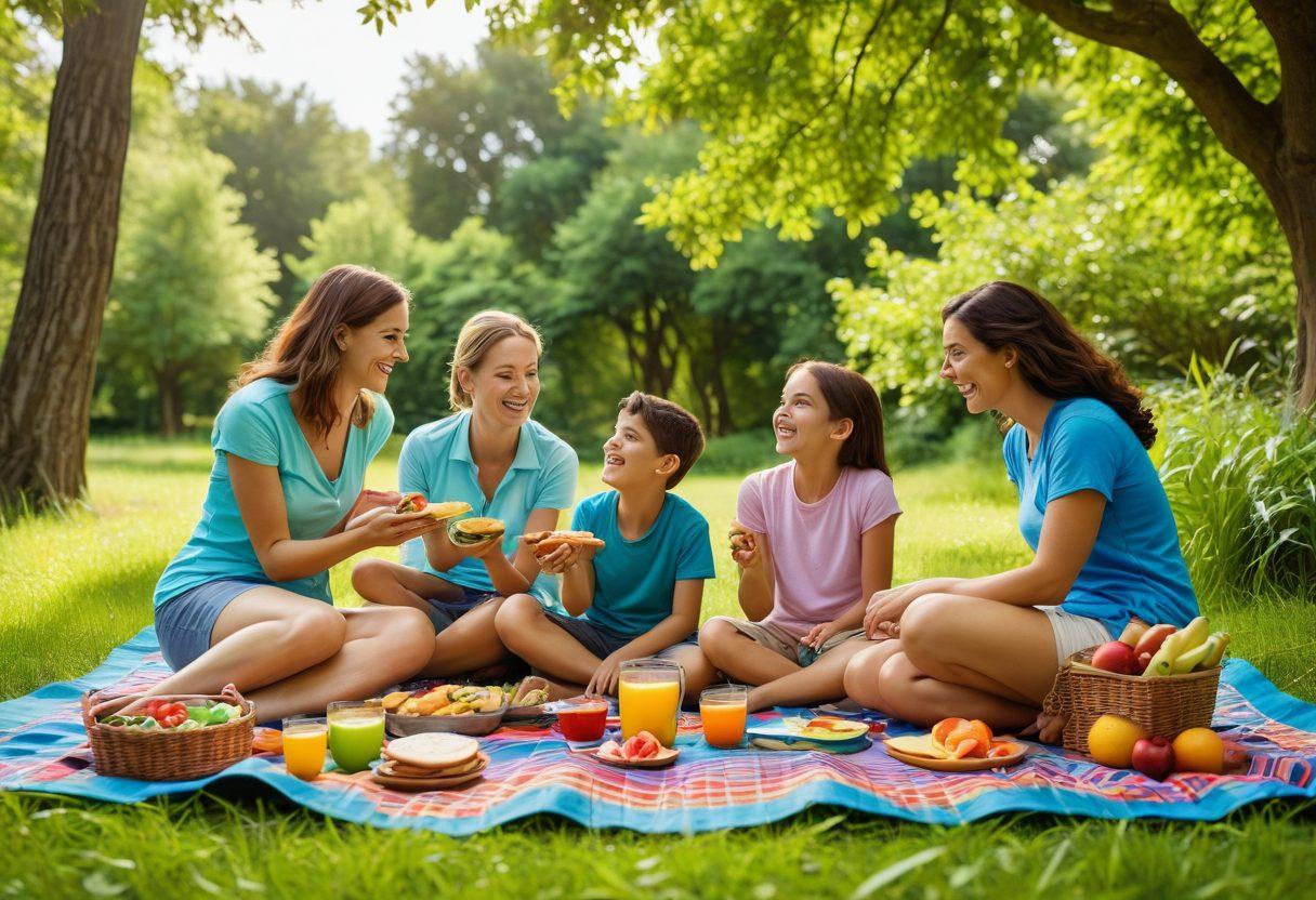 A joyful family embracing adventure outdoors, surrounded by lush green landscapes and a bright blue sky. They are engaging in various activities like hiking, picnicking, and playing games, showcasing moments of laughter and bonding. Include affordable gear and picnic elements, like a colorful blanket and wholesome snacks, to emphasize budget-friendly escapades. The scene should radiate warmth and excitement, inviting families to explore together. vibrant colors. super-realistic.